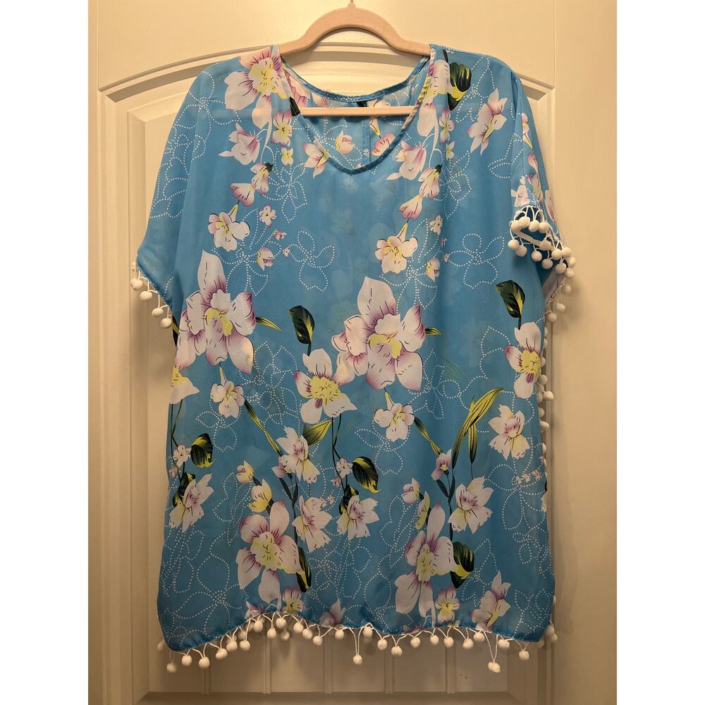 Swimming Suit  Women’s Boho Floral Pom-Pom Beach Coverup Size M Blue Resort Swim